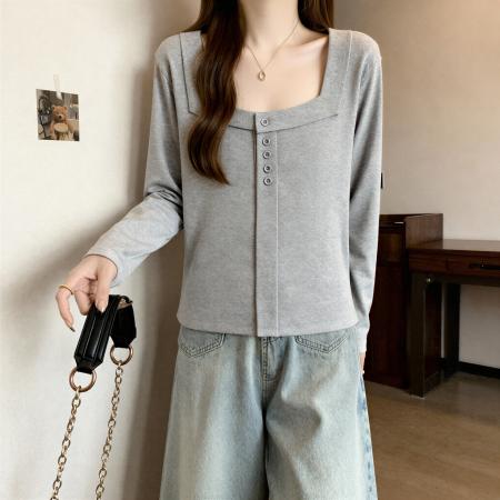 FA53683# 高级感方领纯棉长袖t恤女装秋季新款大码胖MM修身打底衫上衣