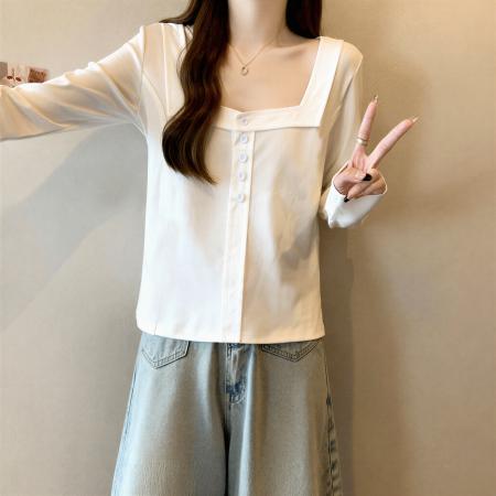 FA53683# 高级感方领纯棉长袖t恤女装秋季新款大码胖MM修身打底衫上衣