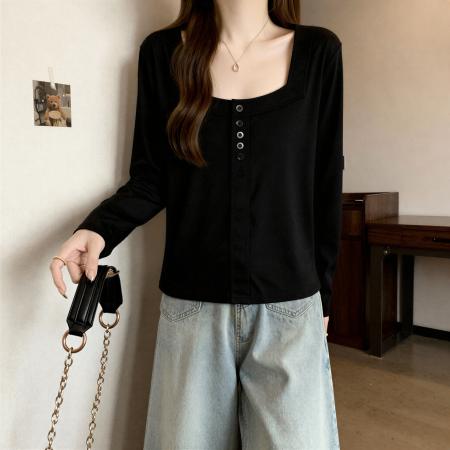 FA53683# 高级感方领纯棉长袖t恤女装秋季新款大码胖MM修身打底衫上衣