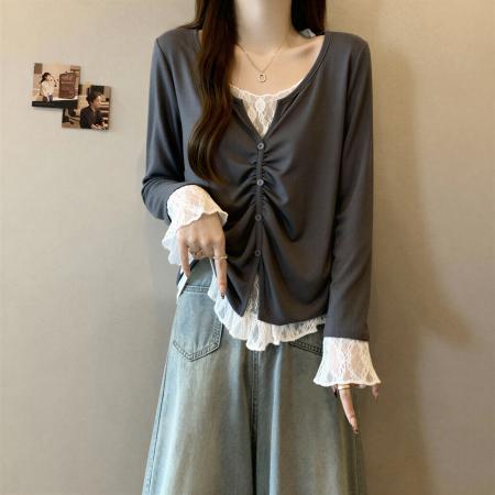 FA53684# 大码胖mm纯欲蕾丝拼接假两件长袖T恤女秋季遮肉显瘦洋气减龄上衣