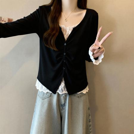 FA53684# 大码胖mm纯欲蕾丝拼接假两件长袖T恤女秋季遮肉显瘦洋气减龄上衣