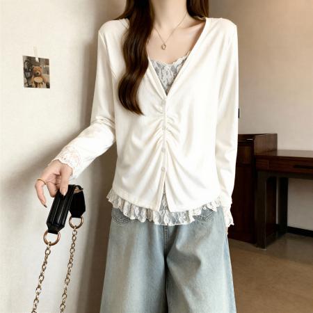 FA53684# 大码胖mm纯欲蕾丝拼接假两件长袖T恤女秋季遮肉显瘦洋气减龄上衣