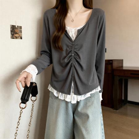 FA53684# 大码胖mm纯欲蕾丝拼接假两件长袖T恤女秋季遮肉显瘦洋气减龄上衣