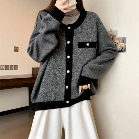 FA53685# 大码女装法式小香风长袖针织开衫秋季微胖mm宽松显瘦毛衣外套上衣