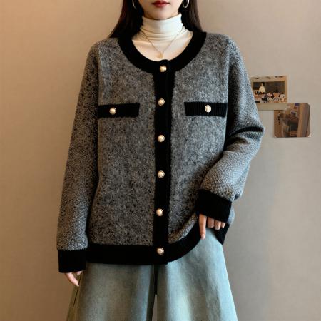 FA53685# 大码女装法式小香风长袖针织开衫秋季微胖mm宽松显瘦毛衣外套上衣