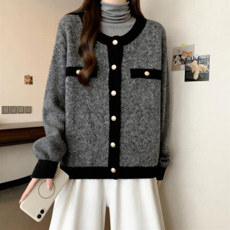 FA53685# 大码女装法式小香风长袖针织开衫秋季微胖mm宽松显瘦毛衣外套上衣