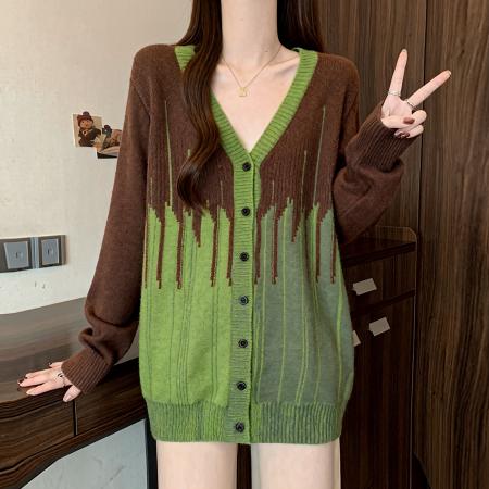 FA53686# 时髦撞色V领长袖针织开衫外套女秋季大码胖MM高级百搭显瘦上衣潮