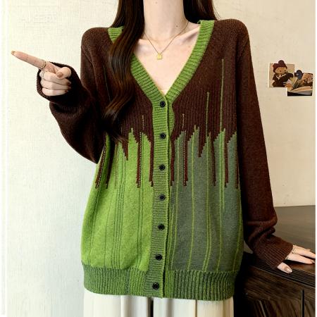 FA53686# 时髦撞色V领长袖针织开衫外套女秋季大码胖MM高级百搭显瘦上衣潮