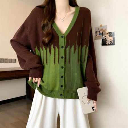 FA53686# 时髦撞色V领长袖针织开衫外套女秋季大码胖MM高级百搭显瘦上衣潮