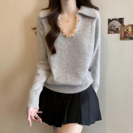 FA53687# 法式复古高级感翻领亮片毛衣女秋冬大码胖MM慵懒外穿宽松针织上衣