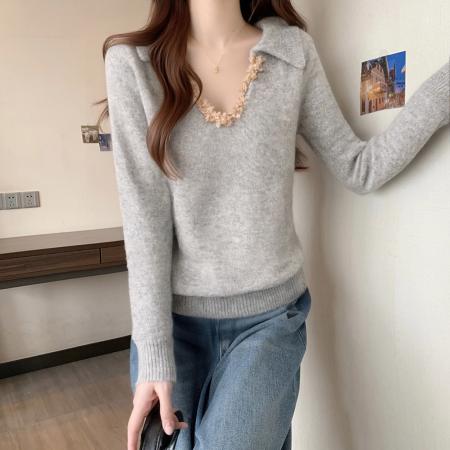 FA53687# 法式复古高级感翻领亮片毛衣女秋冬大码胖MM慵懒外穿宽松针织上衣