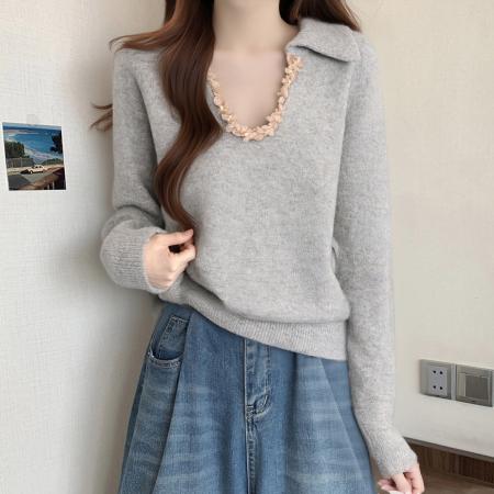 FA53687# 法式复古高级感翻领亮片毛衣女秋冬大码胖MM慵懒外穿宽松针织上衣