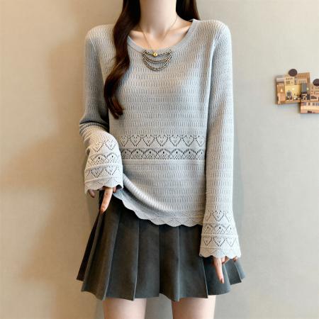 FA53688# 设计感灰色长袖打底针织衫女秋季大码胖MM显瘦修身内搭高级感上衣