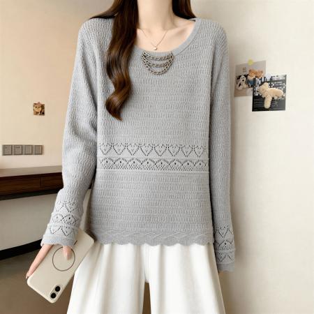 FA53688# 设计感灰色长袖打底针织衫女秋季大码胖MM显瘦修身内搭高级感上衣