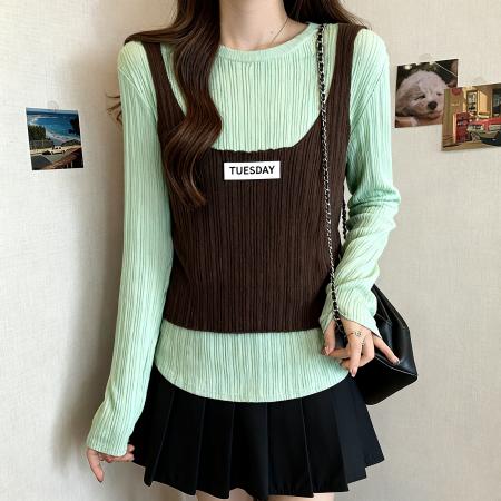 FA53689# 设计感假两件撞色圆领针织衫女早秋大码胖MM显瘦百搭长袖上衣