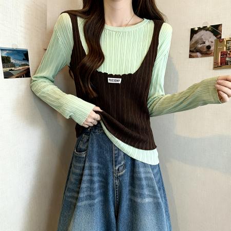 FA53689# 设计感假两件撞色圆领针织衫女早秋大码胖MM显瘦百搭长袖上衣