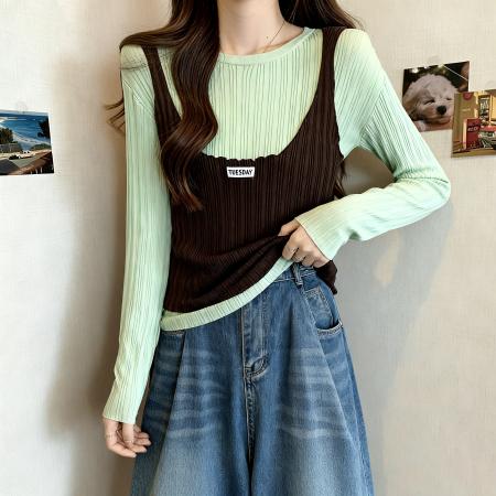 FA53689# 设计感假两件撞色圆领针织衫女早秋大码胖MM显瘦百搭长袖上衣