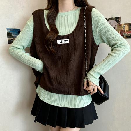 FA53689# 设计感假两件撞色圆领针织衫女早秋大码胖MM显瘦百搭长袖上衣