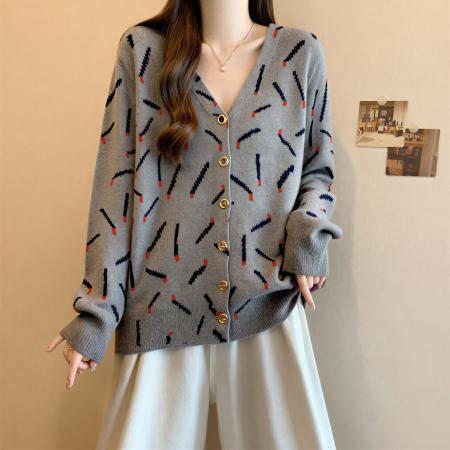 FA53690# 灰色V领长袖针织开衫外套秋季大码胖MM时尚洋气宽松显瘦漂亮上衣