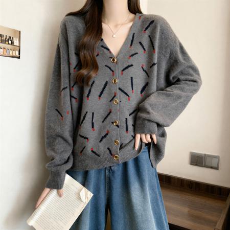 FA53690# 灰色V领长袖针织开衫外套秋季大码胖MM时尚洋气宽松显瘦漂亮上衣