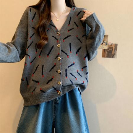 FA53690# 灰色V领长袖针织开衫外套秋季大码胖MM时尚洋气宽松显瘦漂亮上衣