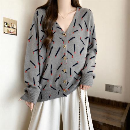 FA53690# 灰色V领长袖针织开衫外套秋季大码胖MM时尚洋气宽松显瘦漂亮上衣