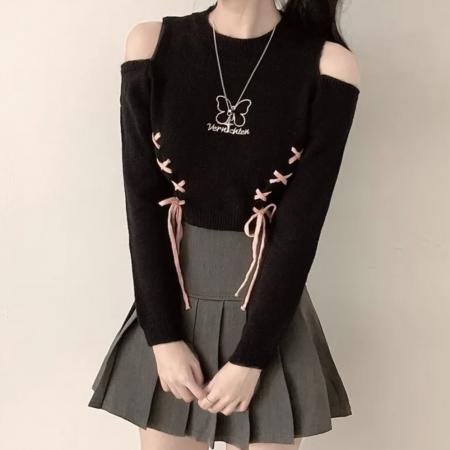 FA53691# 韩国chic设计感露肩针织甜酷风修身辣妹短款小个子上衣