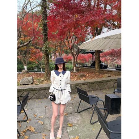 FA53693# 冬装套装女新款撞色拼接翻领开衫外套高腰显瘦短裤两件套