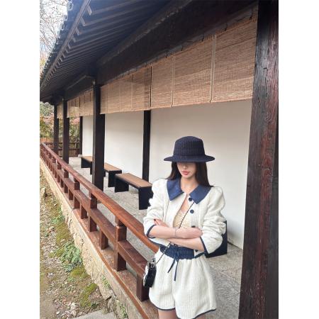 FA53693# 冬装套装女新款撞色拼接翻领开衫外套高腰显瘦短裤两件套