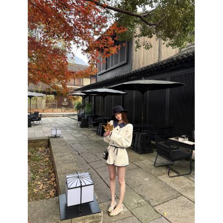 FA53693# 冬装套装女新款撞色拼接翻领开衫外套高腰显瘦短裤两件套