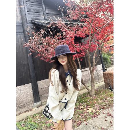 FA53693# 冬装套装女新款撞色拼接翻领开衫外套高腰显瘦短裤两件套