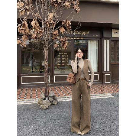 FA53695# 秋冬老钱风穿搭毛呢套装单排扣马甲背心搭高腰阔腿裤休闲裤