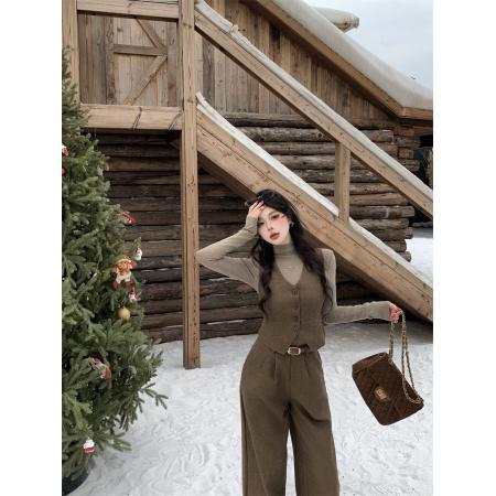 FA53695# 秋冬老钱风穿搭毛呢套装单排扣马甲背心搭高腰阔腿裤休闲裤