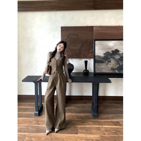 FA53695# 秋冬老钱风穿搭毛呢套装单排扣马甲背心搭高腰阔腿裤休闲裤