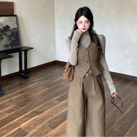 FA53695# 秋冬老钱风穿搭毛呢套装单排扣马甲背心搭高腰阔腿裤休闲裤