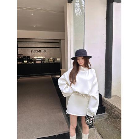 FA53696# 半高领花边蕾丝加绒卫衣侧拉链半身裙两件套女秋冬季时尚套装