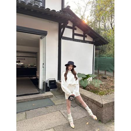 FA53696# 半高领花边蕾丝加绒卫衣侧拉链半身裙两件套女秋冬季时尚套装