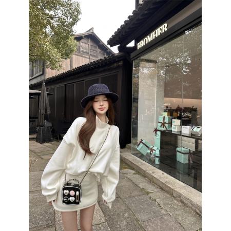 FA53696# 半高领花边蕾丝加绒卫衣侧拉链半身裙两件套女秋冬季时尚套装