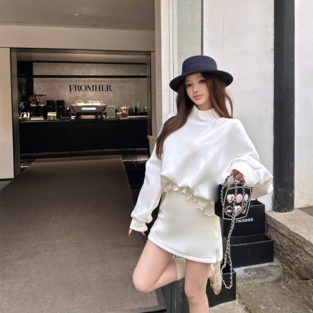 FA53696# 半高领花边蕾丝加绒卫衣侧拉链半身裙两件套女秋冬季时尚套装