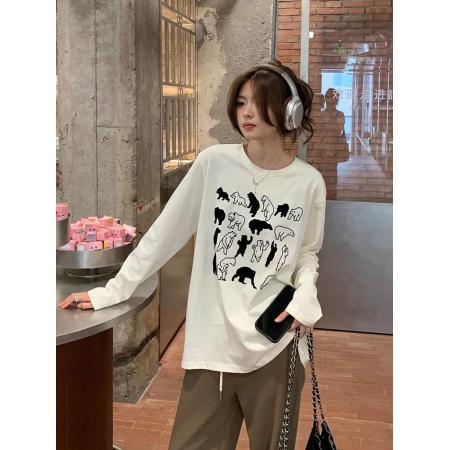 FA53699# 支纯棉春装长袖T恤女宽松上衣印花