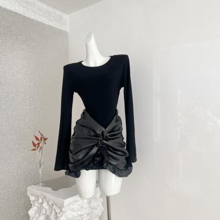 FA53701# 深辰秋冬PU皮拼接假两件扭结褶皱修身包臀连衣裙