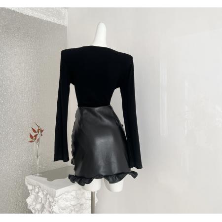 FA53701# 深辰秋冬PU皮拼接假两件扭结褶皱修身包臀连衣裙