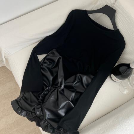 FA53701# 深辰秋冬PU皮拼接假两件扭结褶皱修身包臀连衣裙