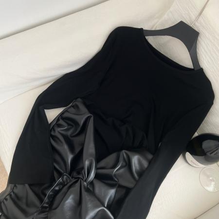 FA53701# 深辰秋冬PU皮拼接假两件扭结褶皱修身包臀连衣裙