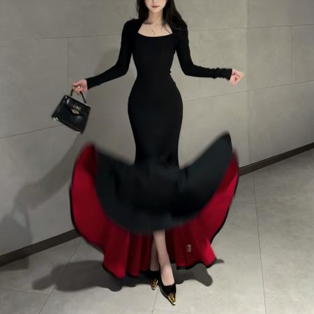 FA53702# 红底加厚复合绒秋冬步步生莲方领显瘦百搭包臀鱼尾裙气质长裙