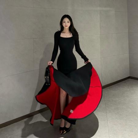 FA53702# 红底加厚复合绒秋冬步步生莲方领显瘦百搭包臀鱼尾裙气质长裙