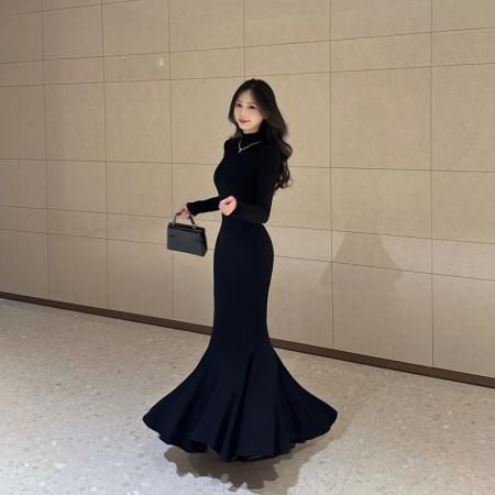 FA53703# 步步生莲秋冬高领修身显瘦连衣裙高级感百搭后妈包臀裙长裙