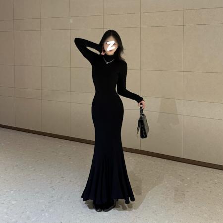 FA53703# 步步生莲秋冬高领修身显瘦连衣裙高级感百搭后妈包臀裙长裙