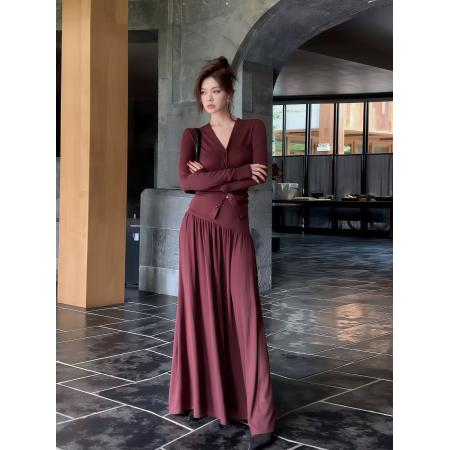 FA53705# 复古港风气质V领纽扣长袖套装秋冬修身显瘦慵懒风半身裙两件套