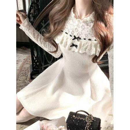 FA53708# 雪绒香榭千金感小香风拼接蕾丝花边精致年会连衣裙